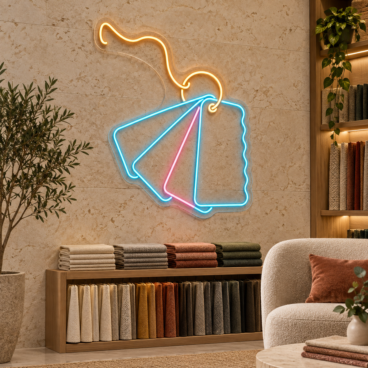 Fabric Swatch Fan LED Neon Sign for Fabric Studios - interior setting