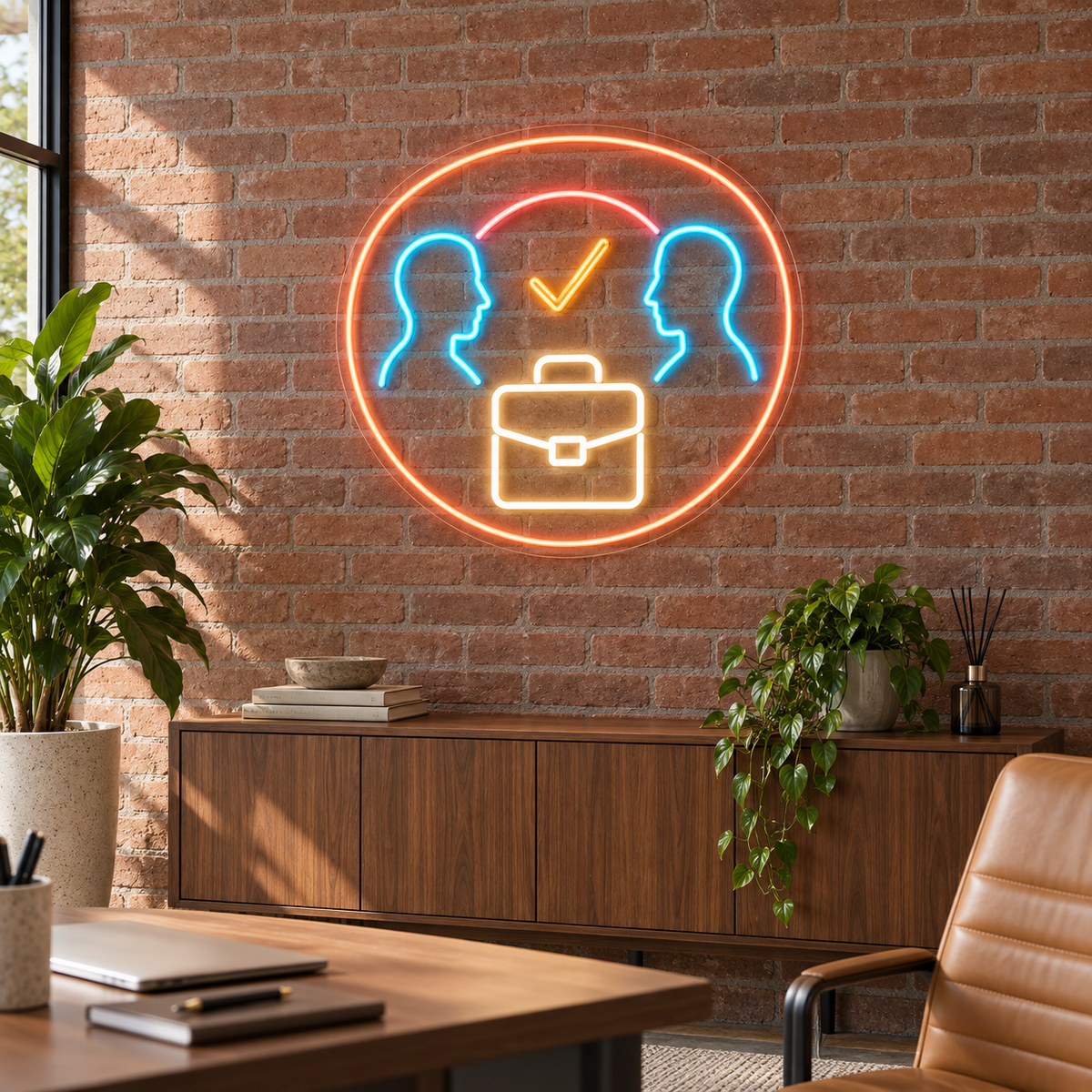 Profiles & Briefcase LED Neon Sign for Staffing Agencies - interior setting