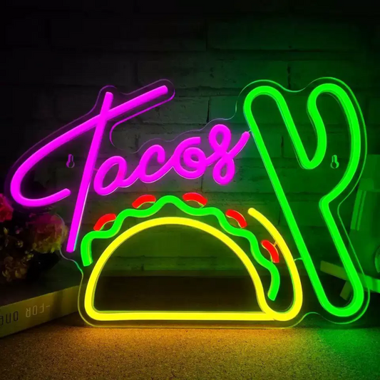 Tacos LED Neon Sign Colorful Taco & Utensil Neon Light Wall Decor for Bar Kitchen Restaurant Party Room