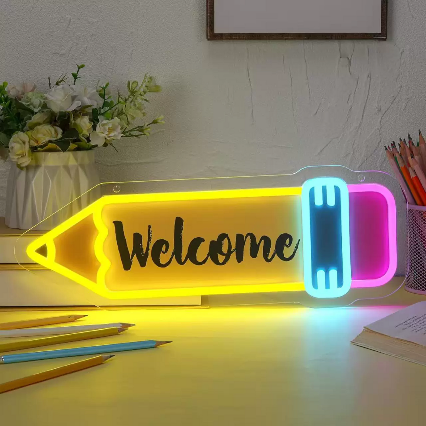 Personalized Classroom Welcome Pencil LED Neon Sign for School Desk Decor