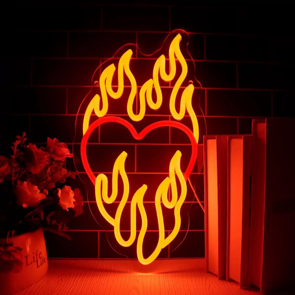 Flaming Heart LED Neon Sign for Bedroom Wall Decor Fire Love Aesthetic Light