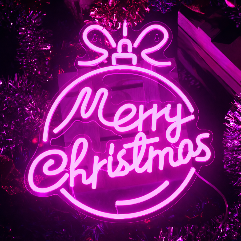 LED Merry Christmas Neon Sign White Script Ornament Style