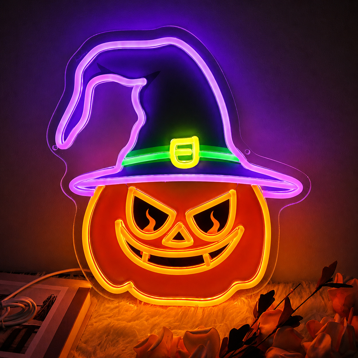 Halloween Pumpkin LED Neon Sign Witch Hat Jack O Lantern Neon Light Wall Decor for Party Room Bar Halloween Decor