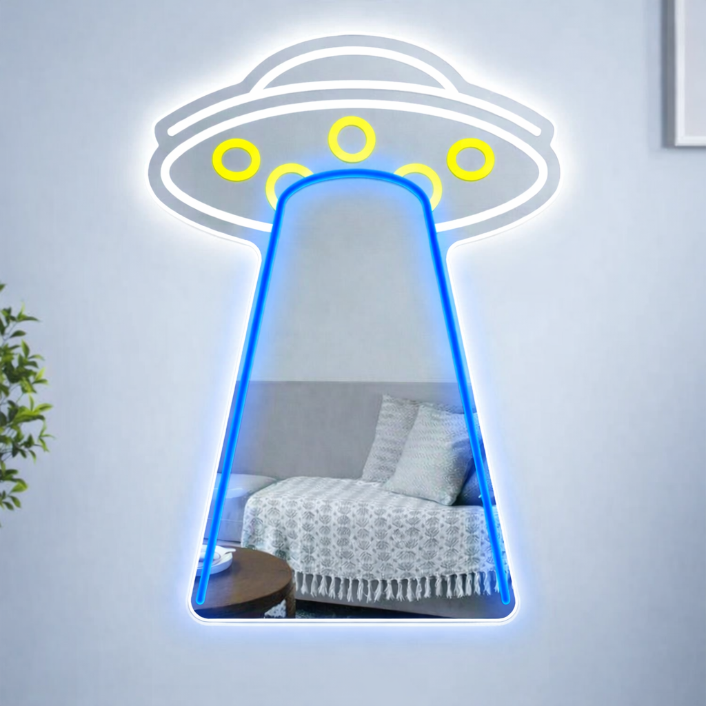 UFO LED Neon Mirror Sign for Bedroom Game Room Wall Decor
