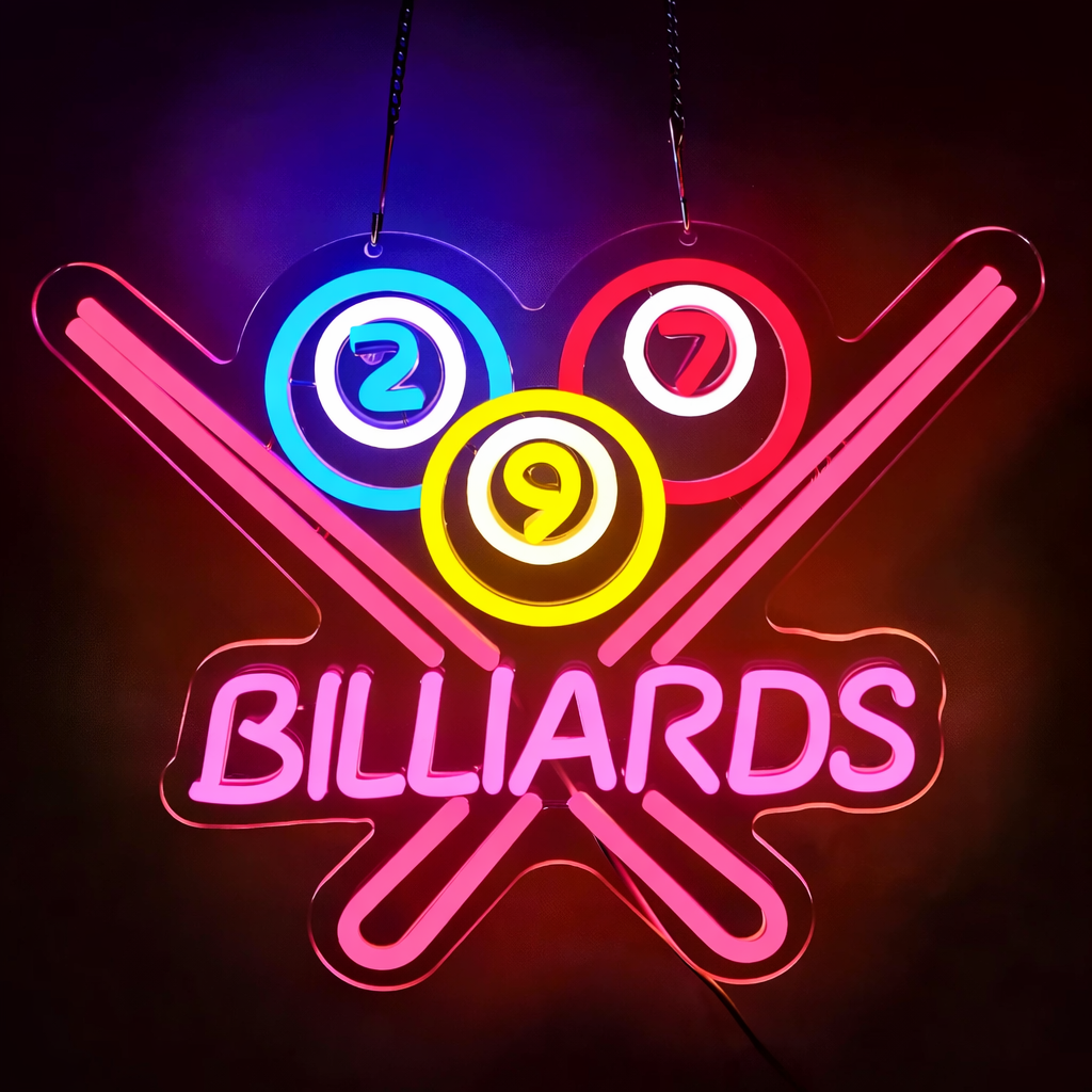 Classic Billiards LED Neon Sign with Crossed Pool Cues and 2-7-9 Balls for Bar Decor