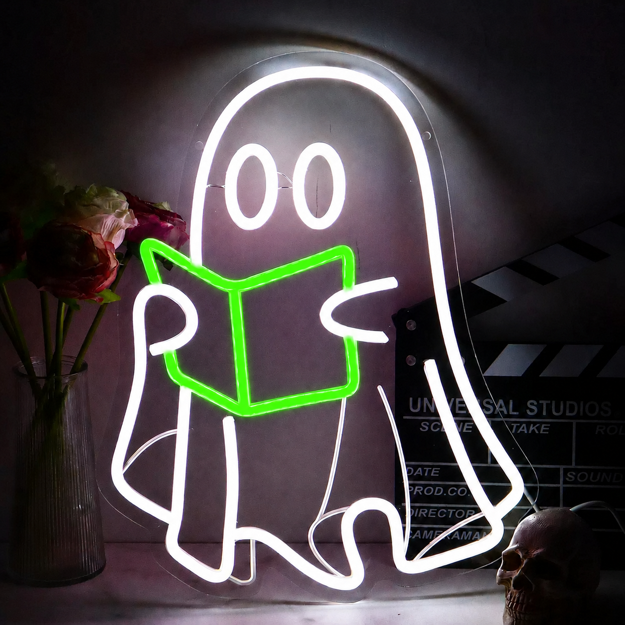 Cute Reading Ghost LED Neon Sign Halloween Ghost Neon Light Wall Decor for Bedroom Study Room