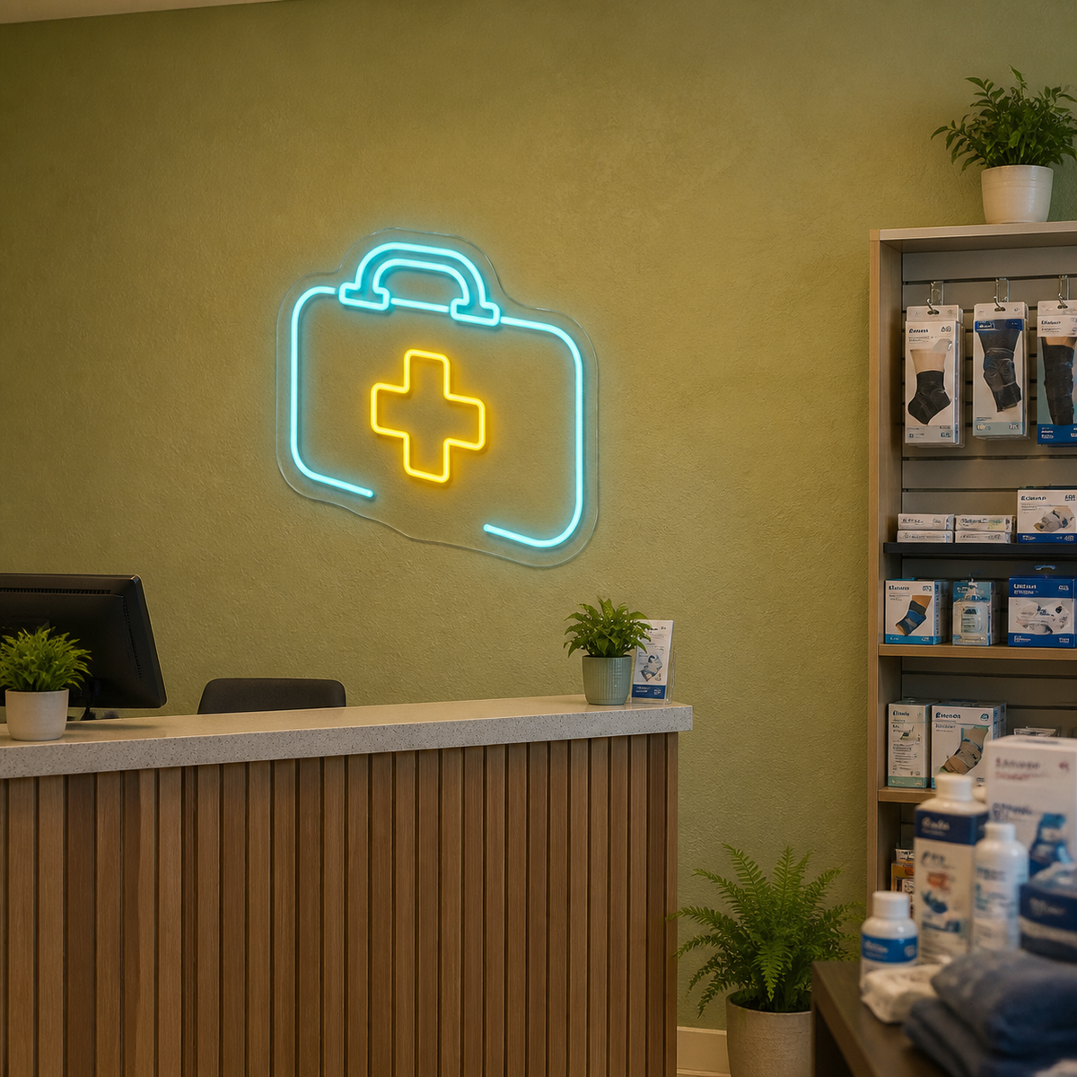 First Aid Kit LED Neon Sign for Medical Supply Shops - interior setting