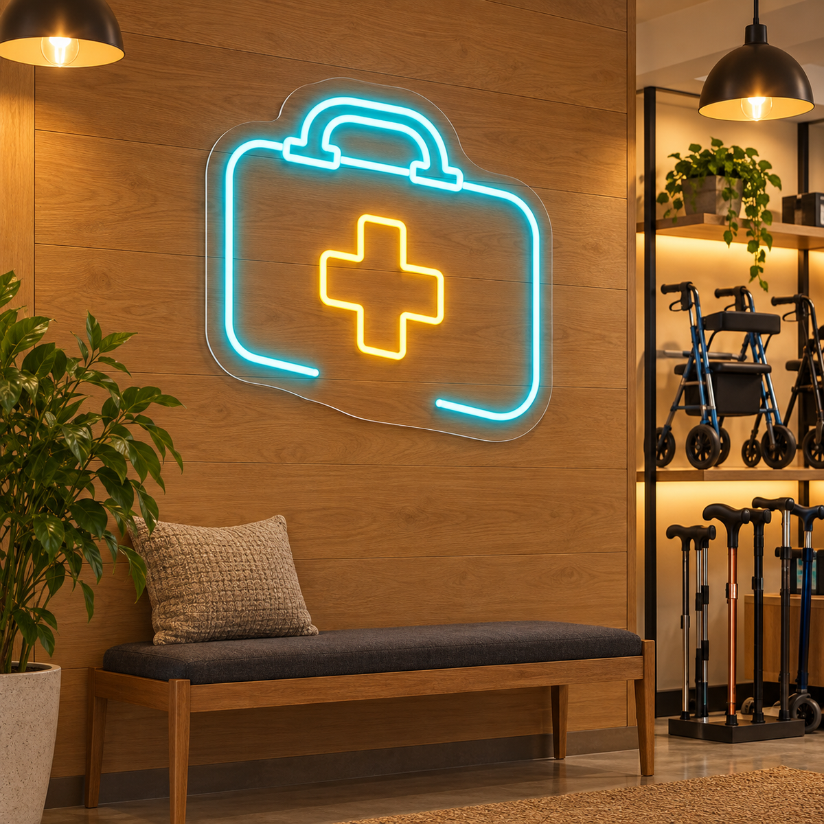 First Aid Kit LED Neon Sign for Medical Supply Shops - interior setting