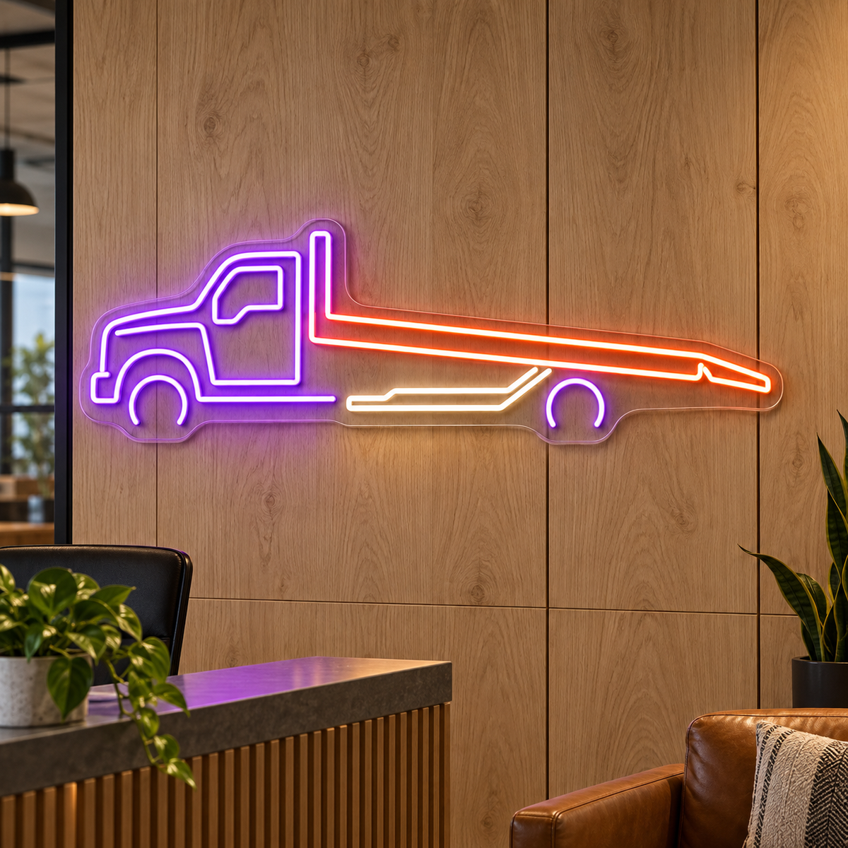Flatbed Tow Truck LED Neon Sign for Towing Services - interior setting