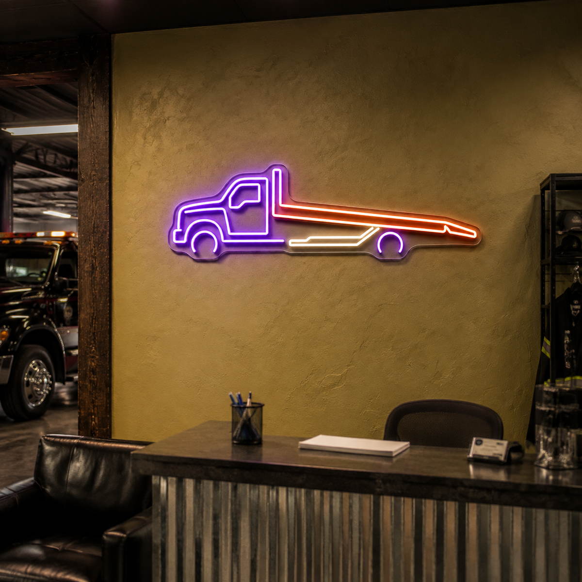 Flatbed Tow Truck LED Neon Sign for Towing Services - interior setting