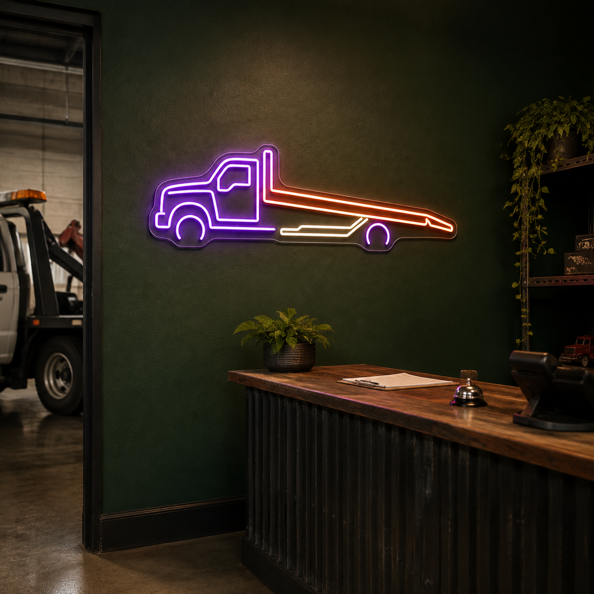 Flatbed Tow Truck LED Neon Sign for Towing Services - interior setting