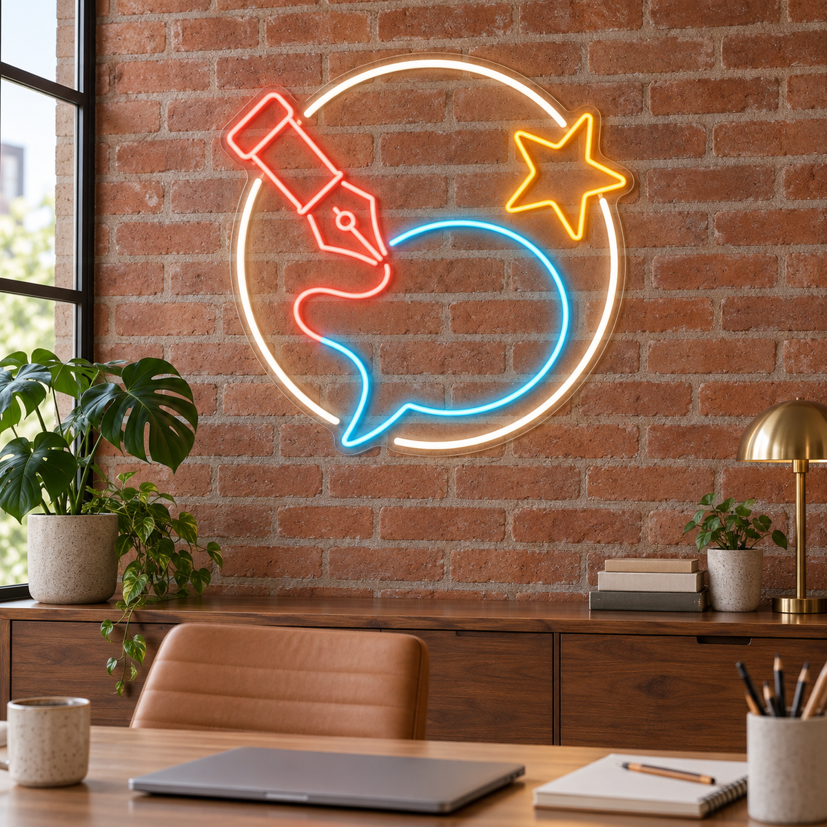 Pen & Speech Bubble LED Neon Sign for Marketing Agencies - interior setting