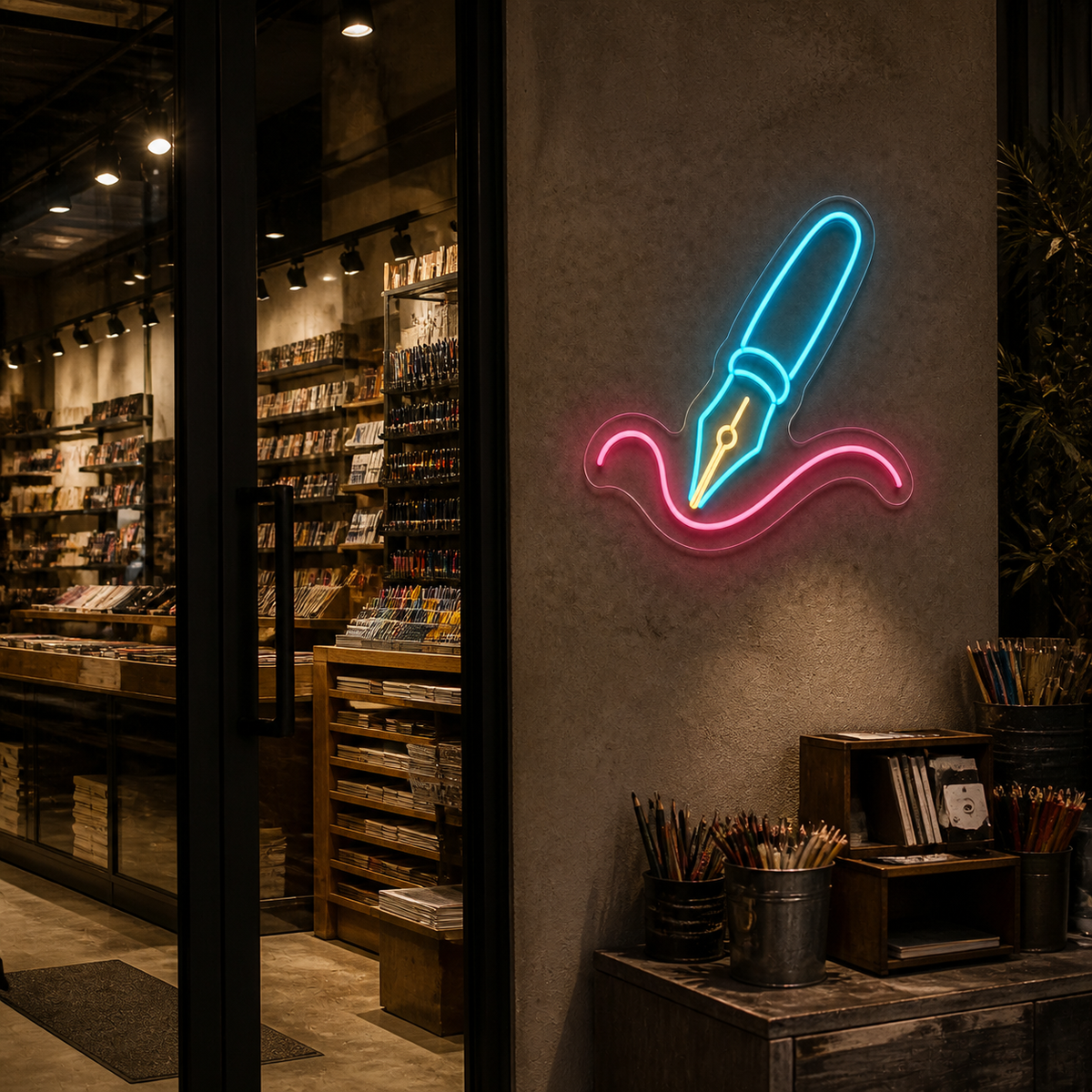 Fountain Pen & Ink Flourish LED Neon Sign for Writing Studios - interior setting