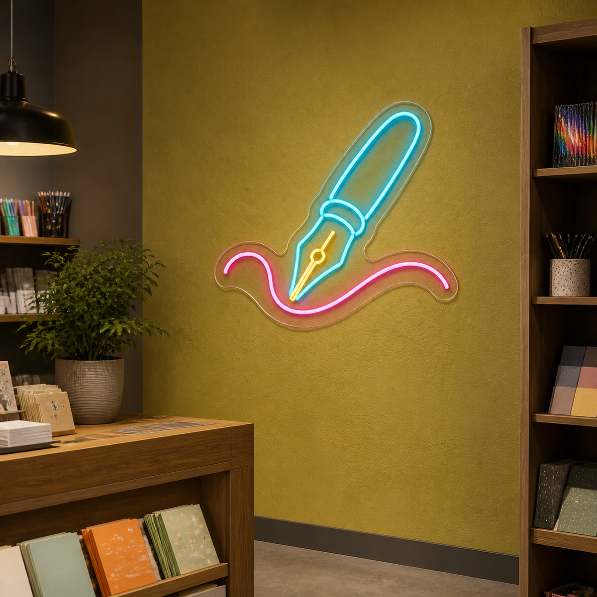 Fountain Pen & Ink Flourish LED Neon Sign for Writing Studios - interior setting