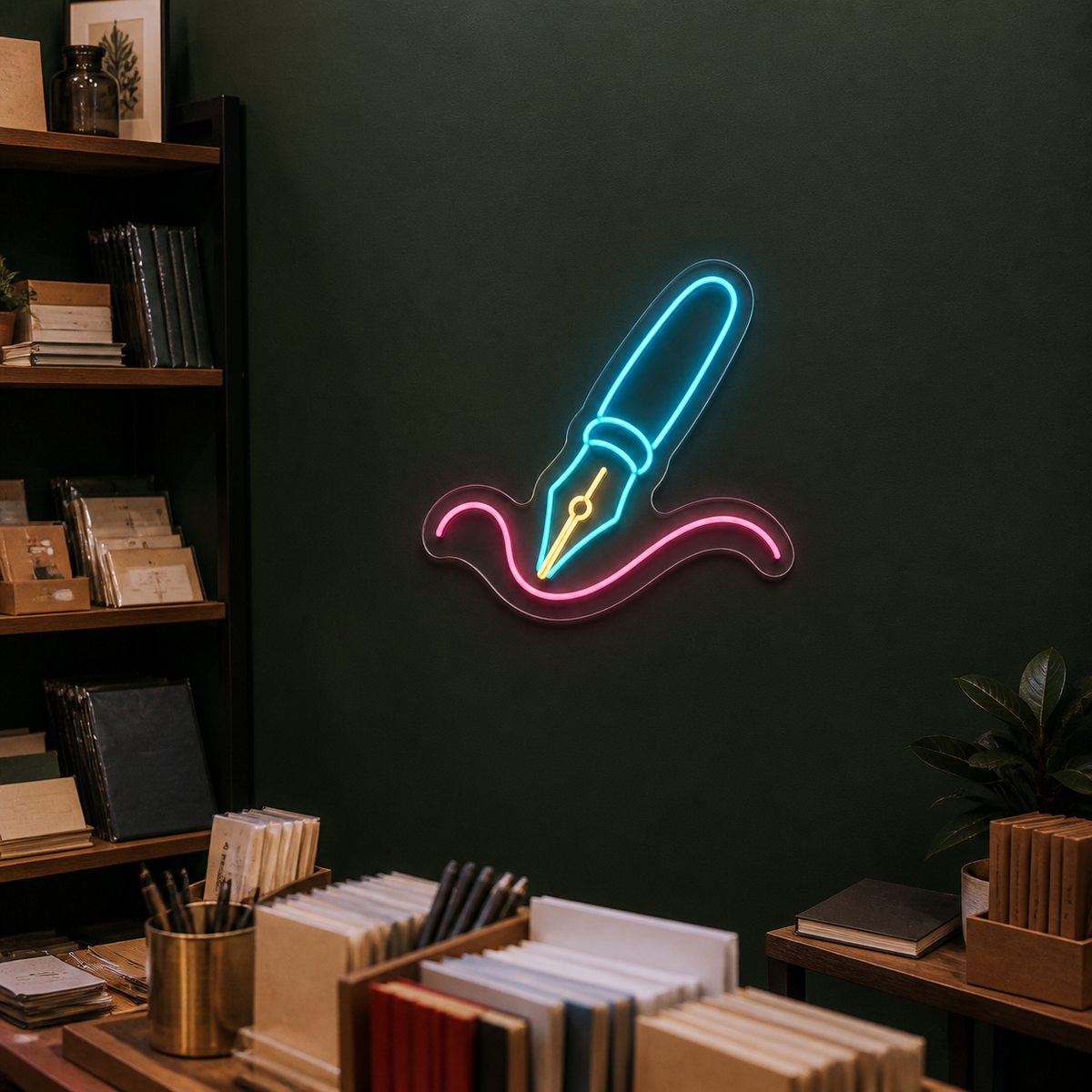 Fountain Pen & Ink Flourish LED Neon Sign for Writing Studios - interior setting
