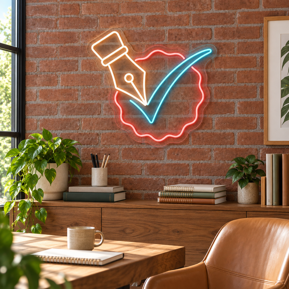 Fountain Pen & Checkmark LED Neon Sign for Notary Offices - interior setting