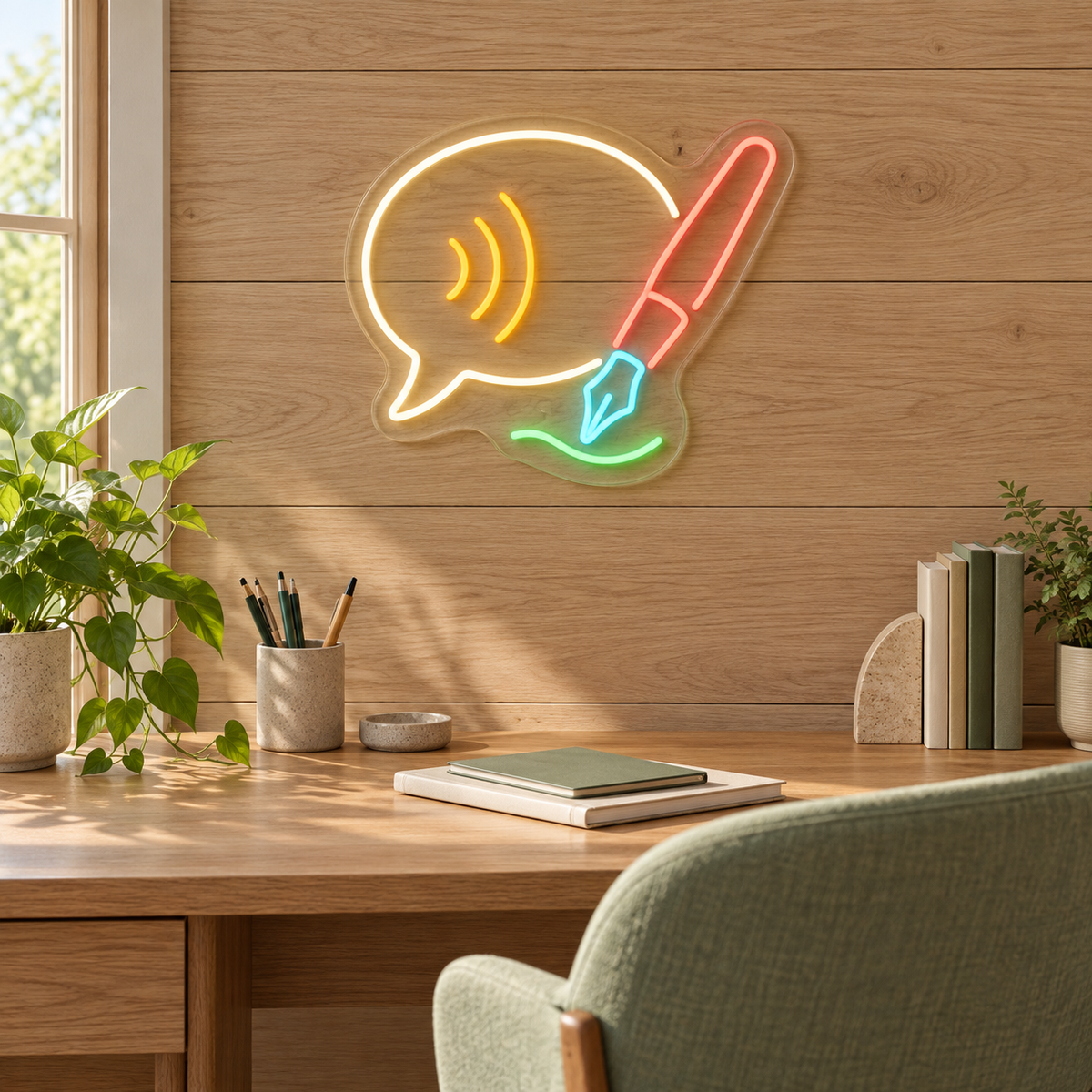 Write, Speak, Connect LED Neon Sign for Language Schools - interior setting