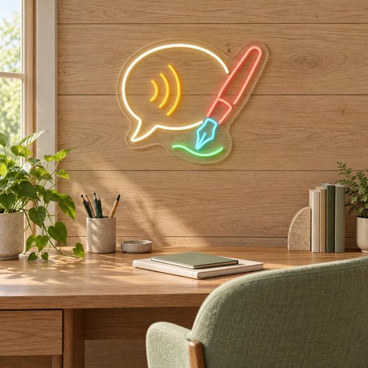 Write, Speak, Connect LED Neon Sign for Language Schools - interior setting