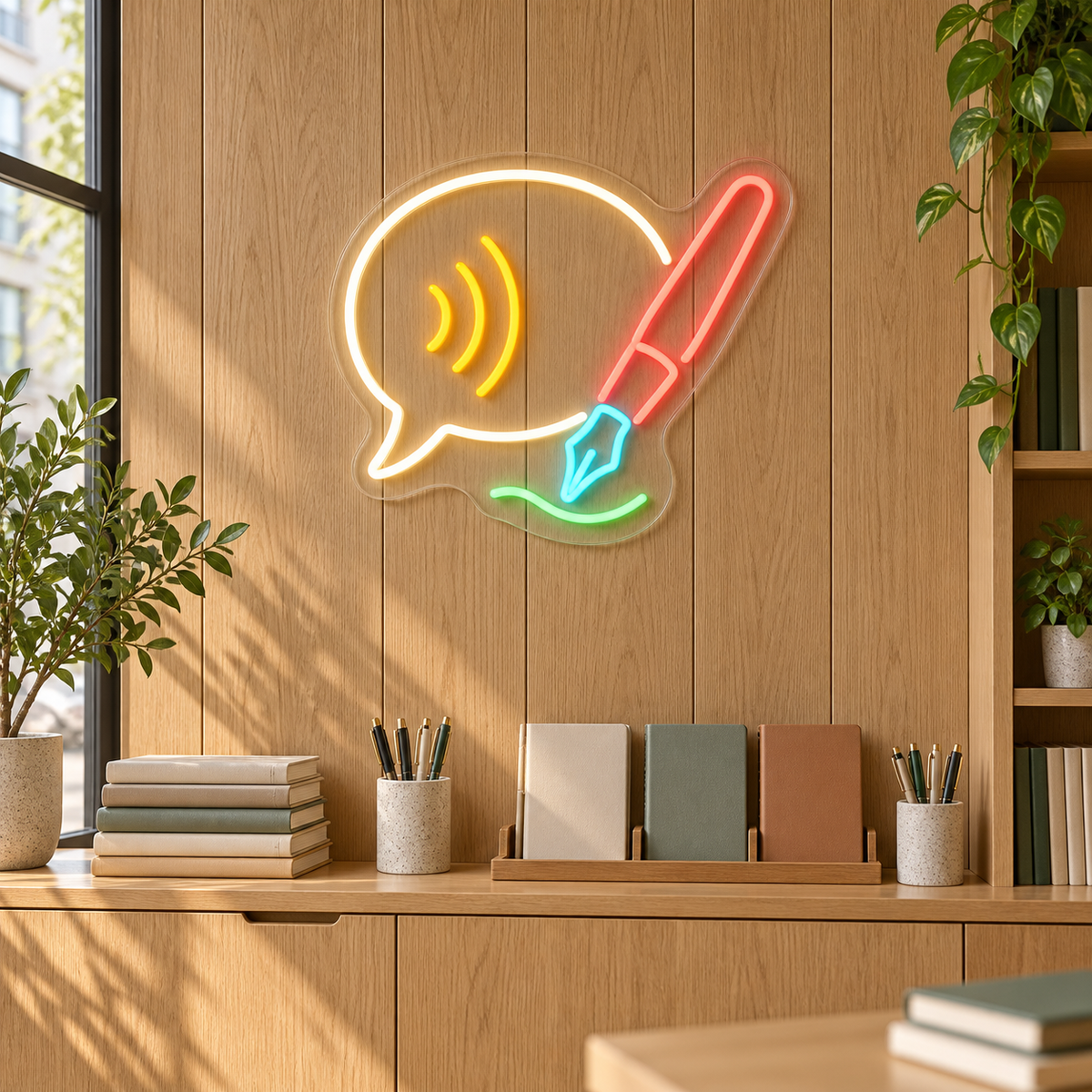 Write, Speak, Connect LED Neon Sign for Language Schools - interior setting