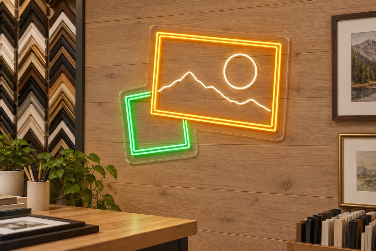 Framed Mountain Landscape LED Neon Sign for Framing Studios - interior setting