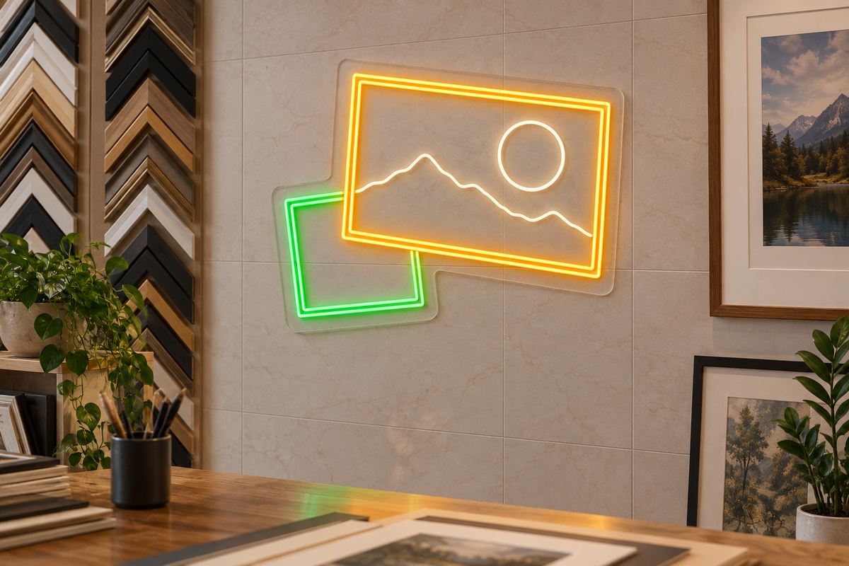 Framed Mountain Landscape LED Neon Sign for Framing Studios - interior setting