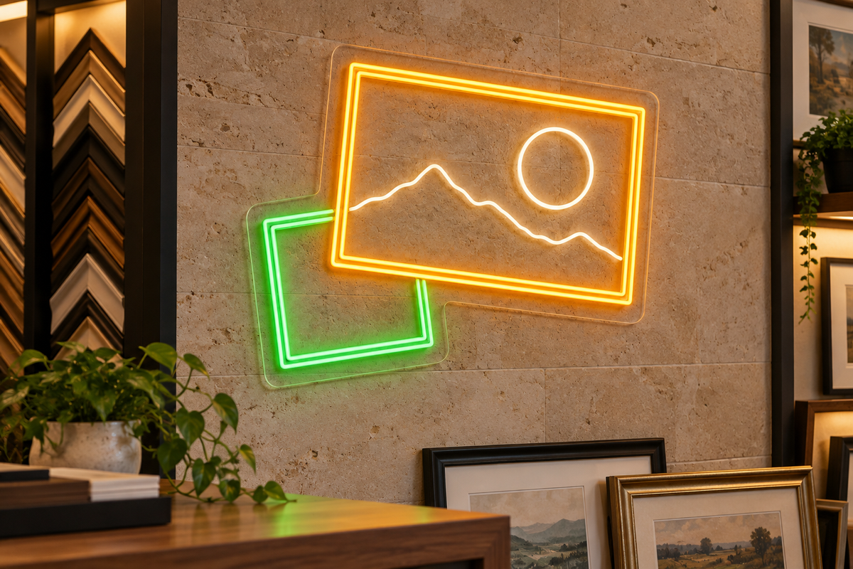 Framed Mountain Landscape LED Neon Sign for Framing Studios - interior setting