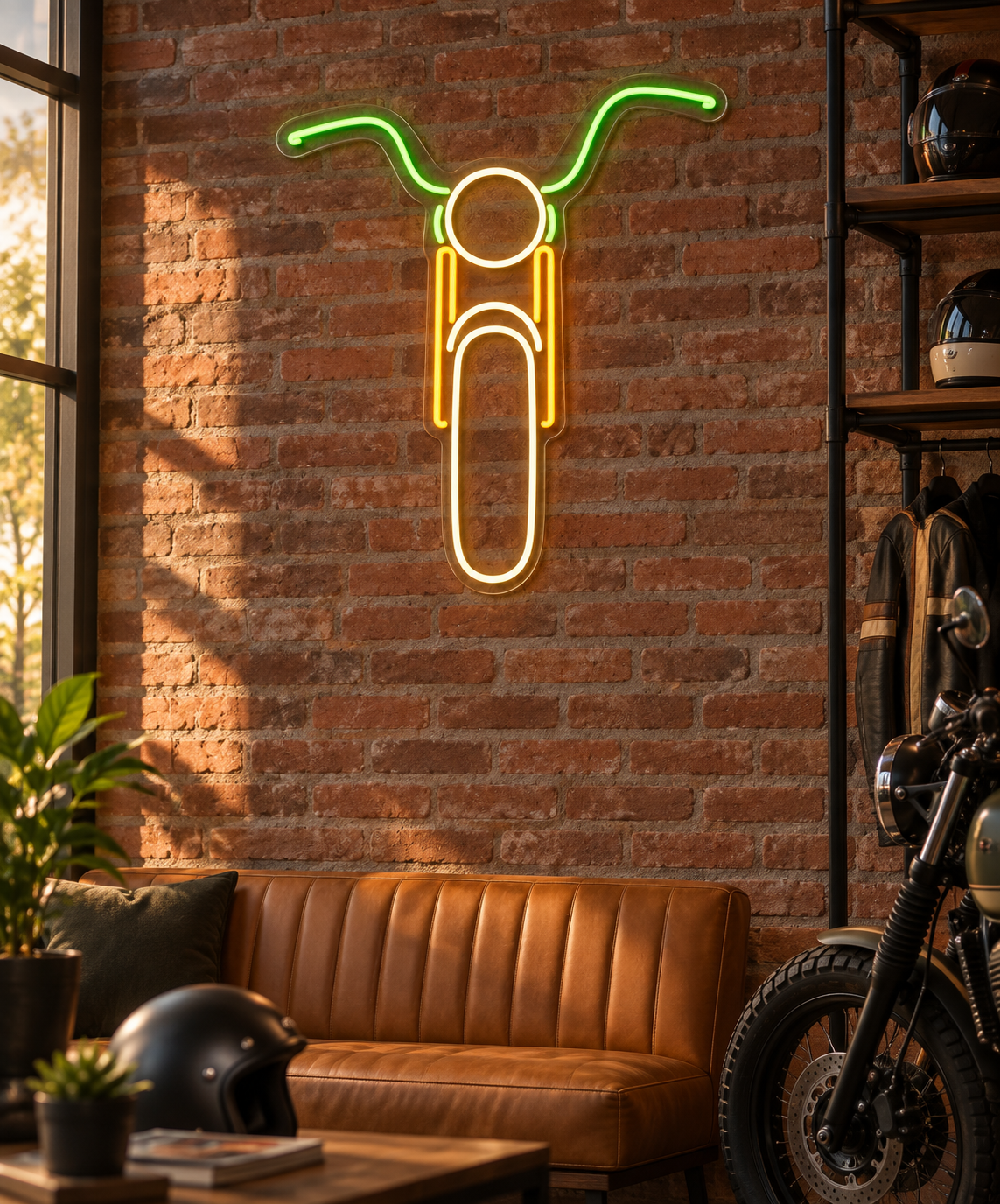 Front View Motorcycle LED Neon Sign for Riders' Rooms - interior setting