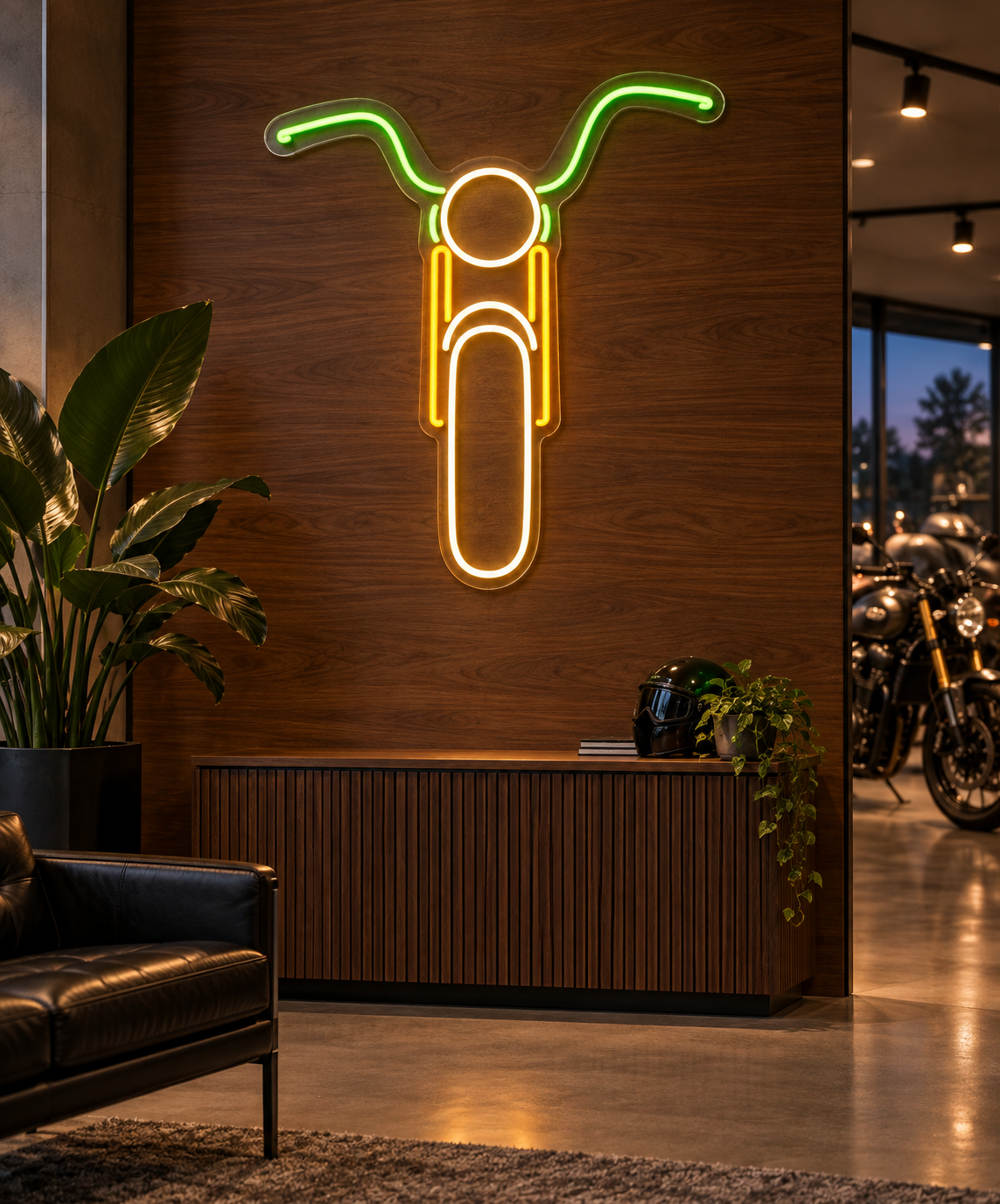 Front View Motorcycle LED Neon Sign for Riders' Rooms - interior setting