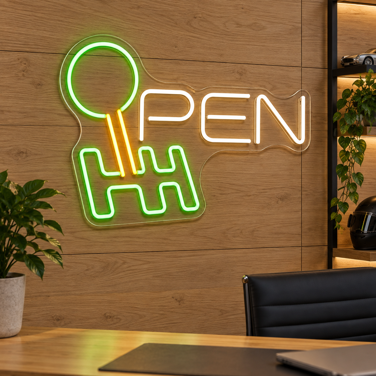 Gear Shift OPEN LED Neon Sign for Garage Reception - interior setting