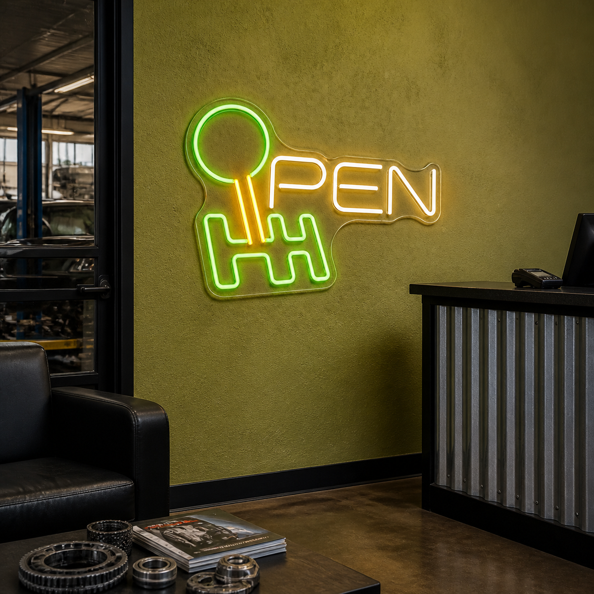 Gear Shift OPEN LED Neon Sign for Garage Reception - interior setting