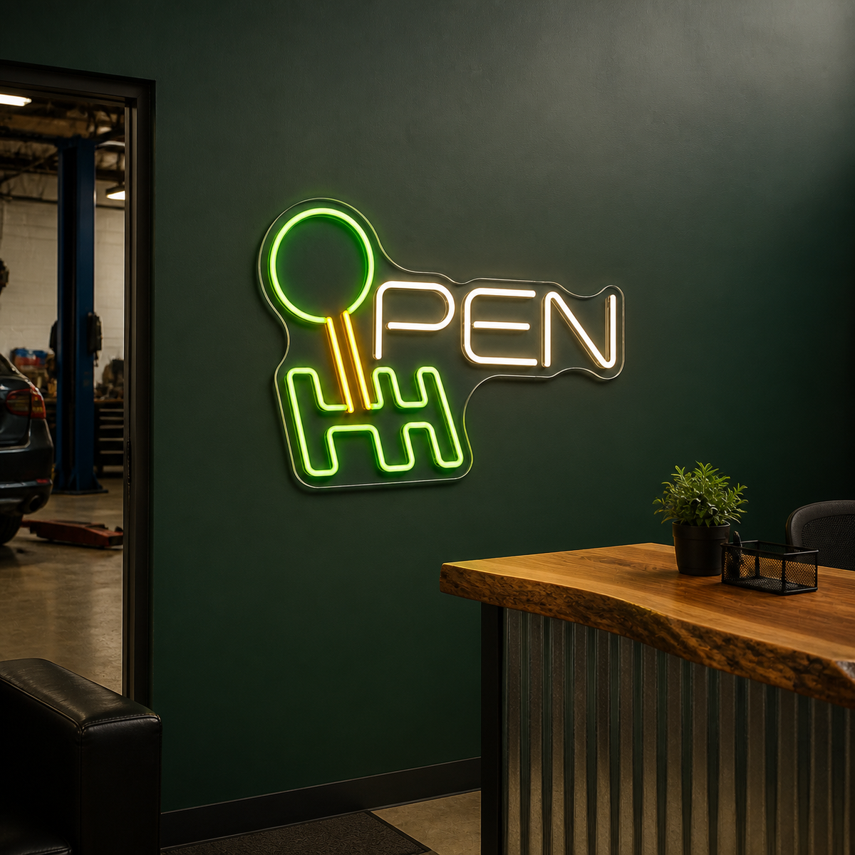 Gear Shift OPEN LED Neon Sign for Garage Reception - interior setting