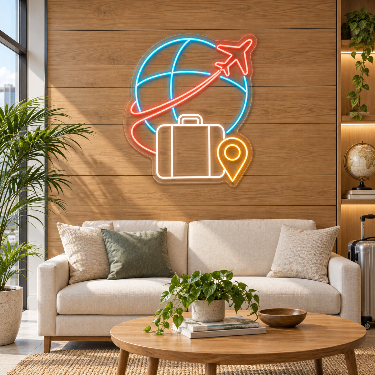 Globe & Airplane LED Neon Sign for Travel Agencies - interior setting