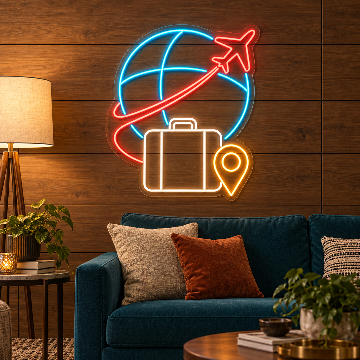 Globe & Airplane LED Neon Sign for Travel Agencies - interior setting