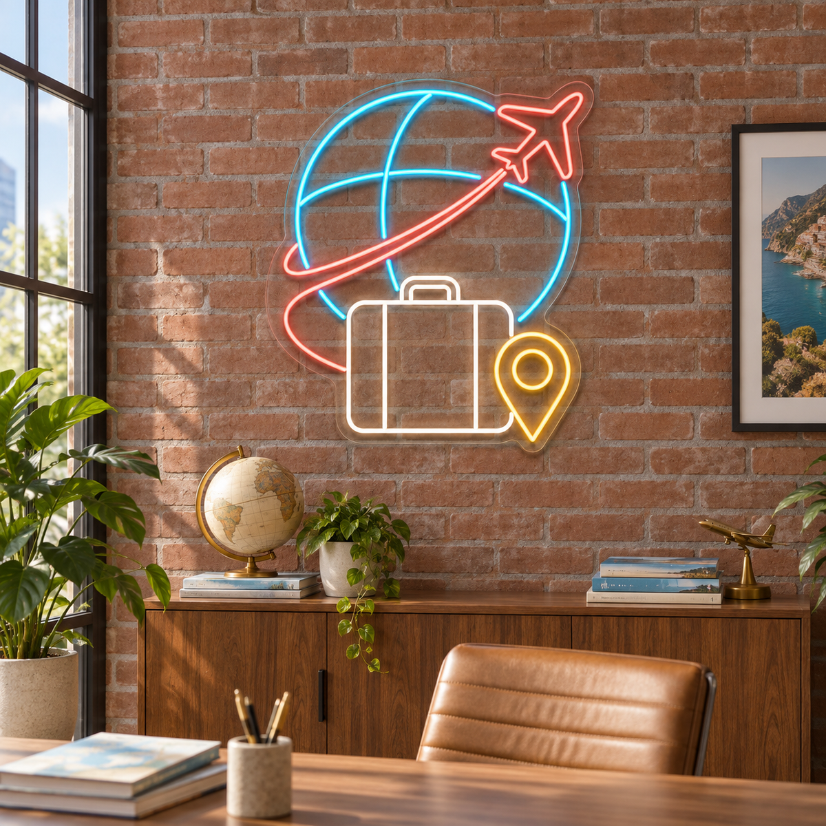 Globe & Airplane LED Neon Sign for Travel Agencies - interior setting
