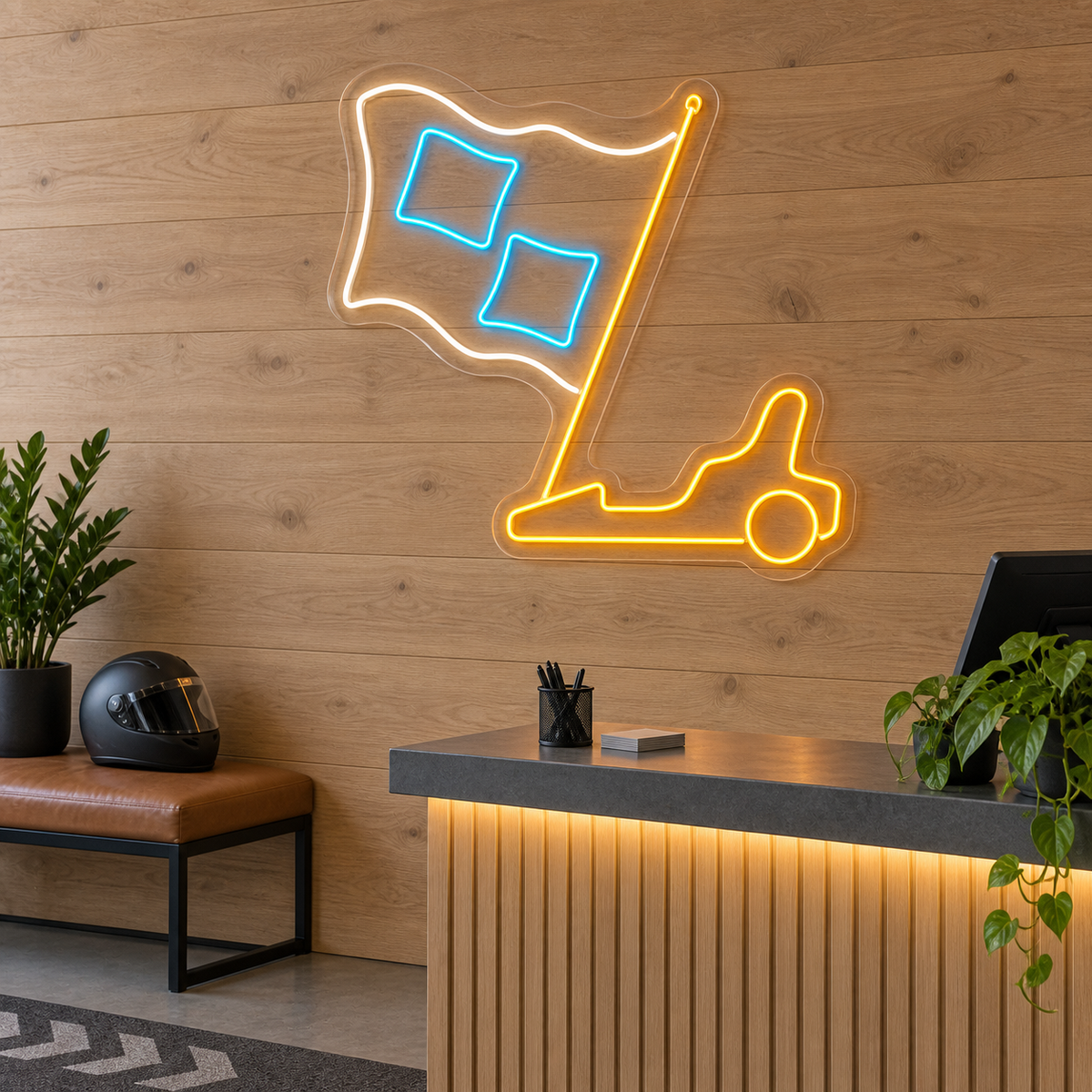 Go-Kart & Racing Flag LED Neon Sign for Go-Kart Tracks - interior setting