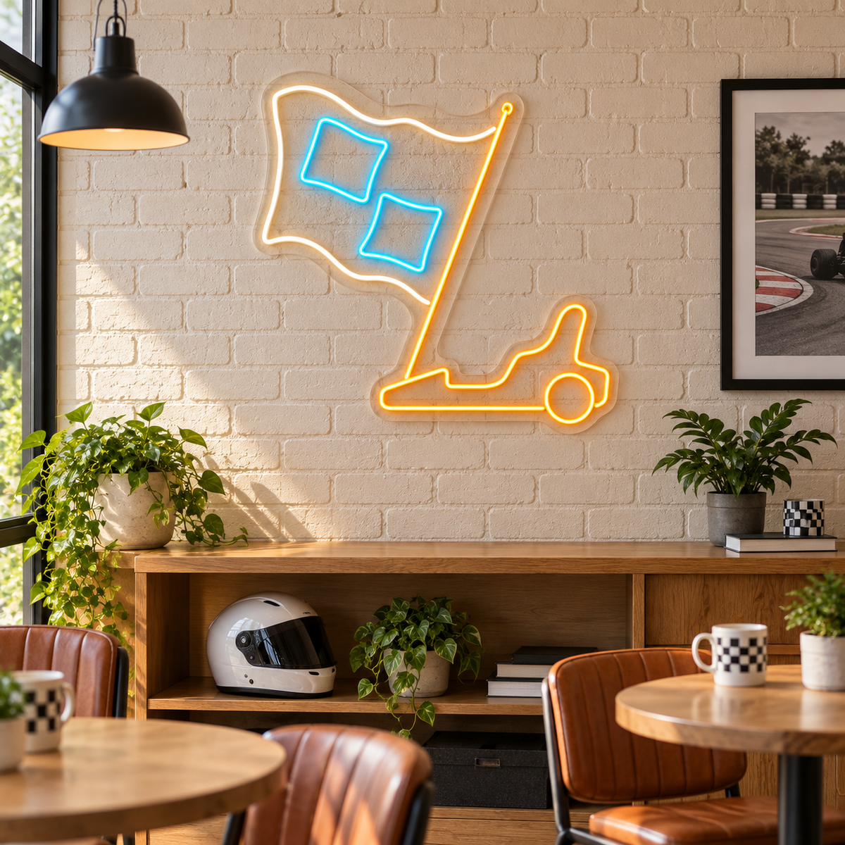 Go-Kart & Racing Flag LED Neon Sign for Go-Kart Tracks - interior setting