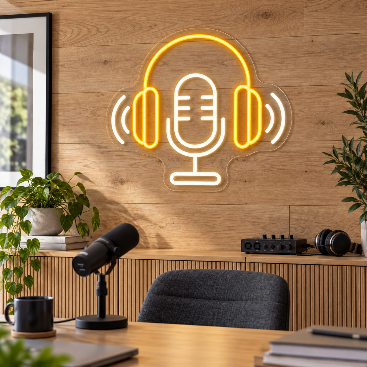 Headphones & Microphone LED Neon Sign for Podcast Studios - interior setting
