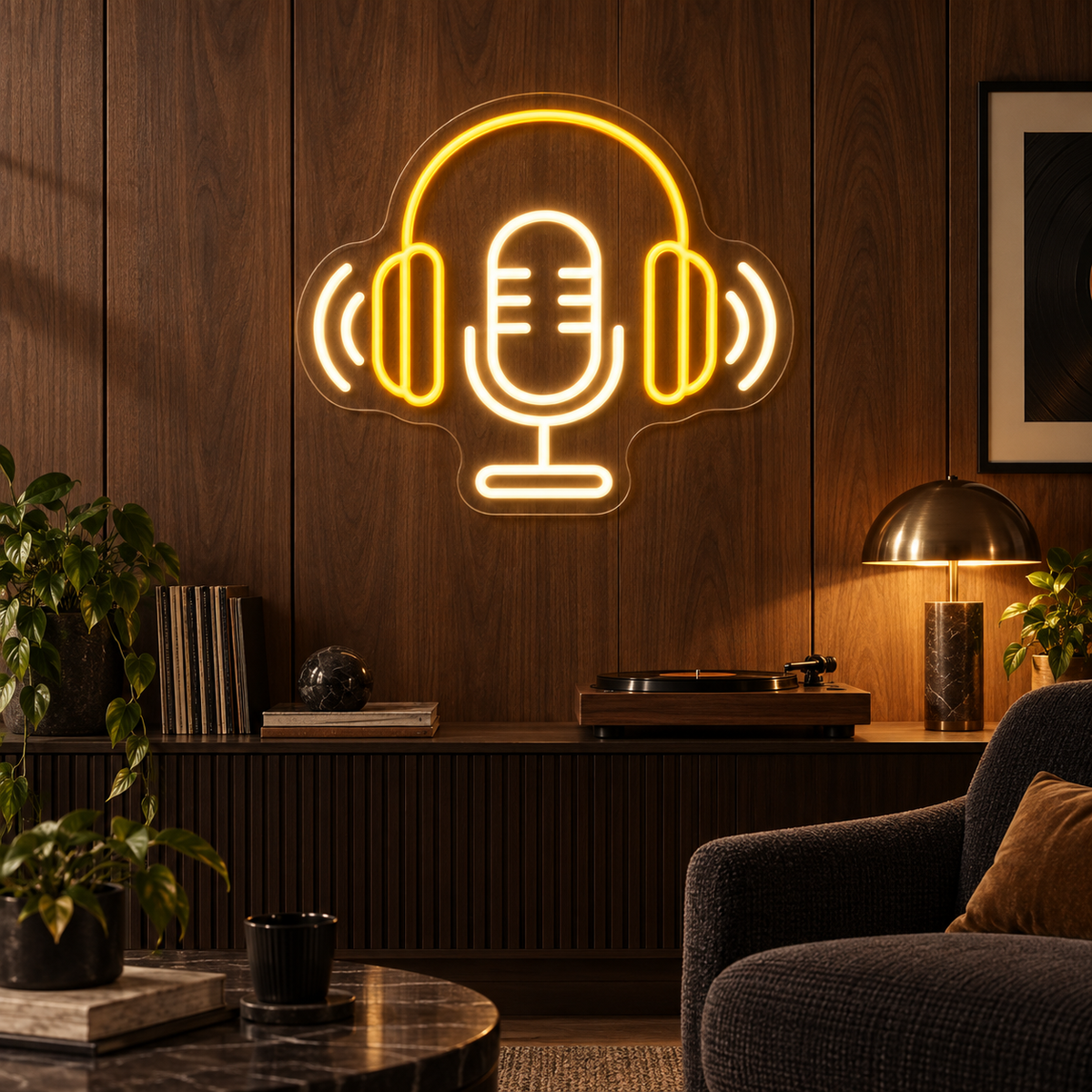 Headphones & Microphone LED Neon Sign for Podcast Studios - interior setting
