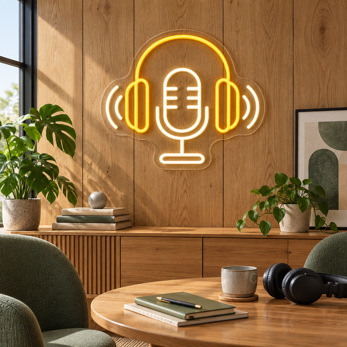 Headphones & Microphone LED Neon Sign for Podcast Studios - interior setting