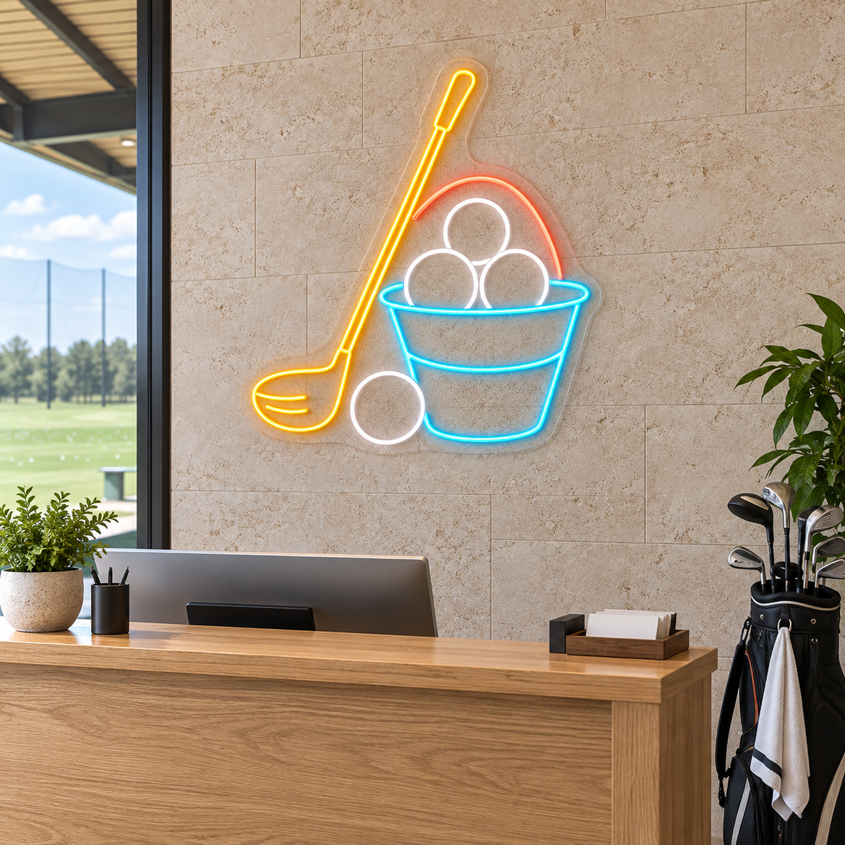 Golf Club & Ball Bucket LED Neon Sign for Driving Ranges - interior setting