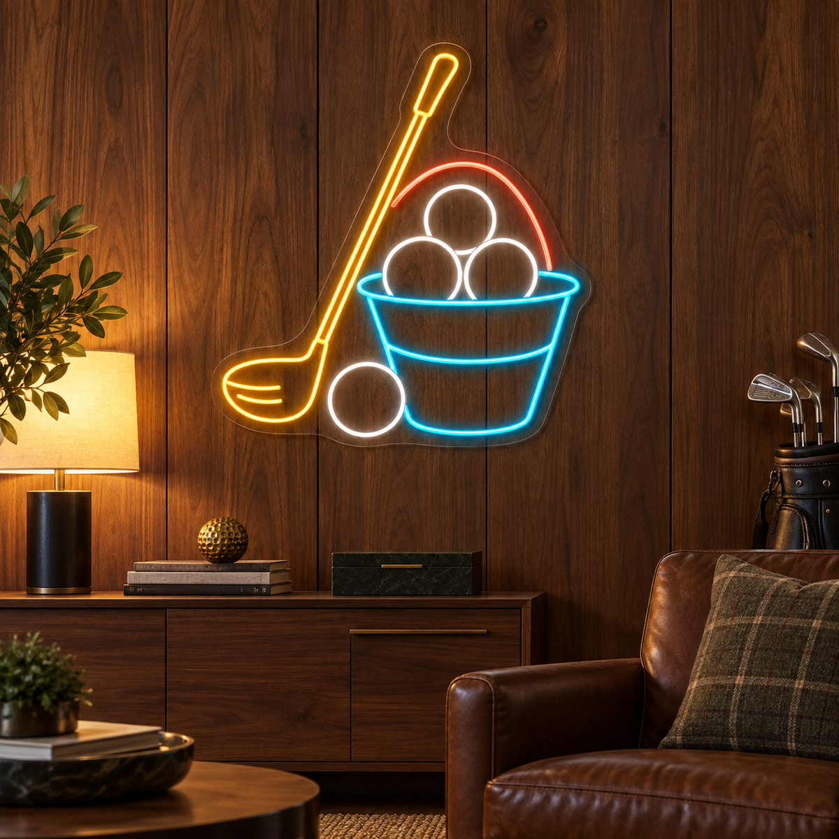 Golf Club & Ball Bucket LED Neon Sign for Driving Ranges - interior setting