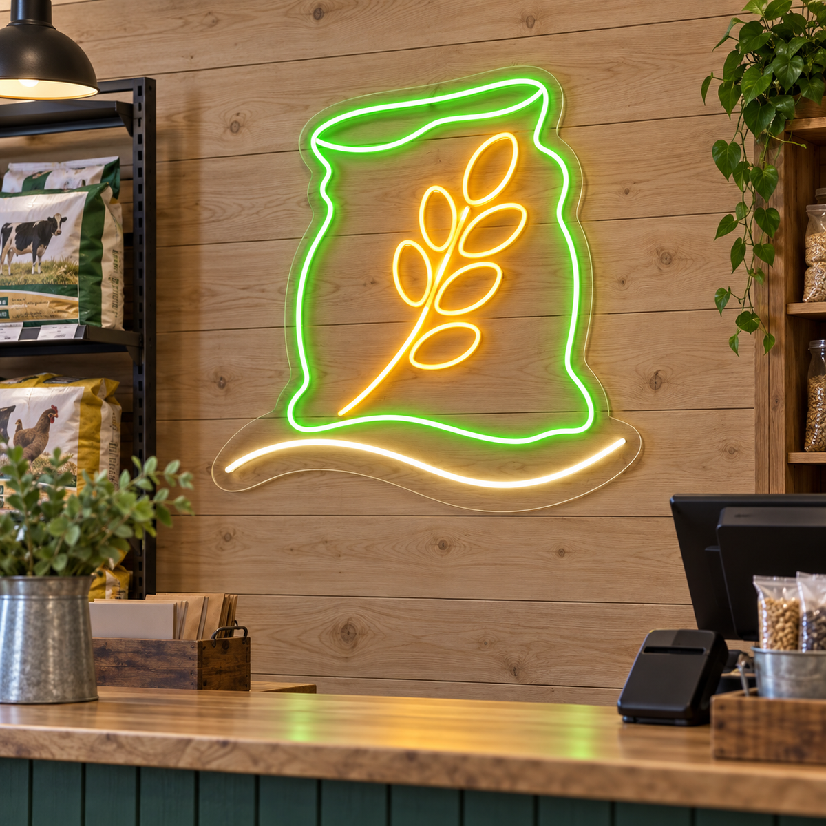 Grain Sack LED Neon Sign for Farm Supply Shops - interior setting