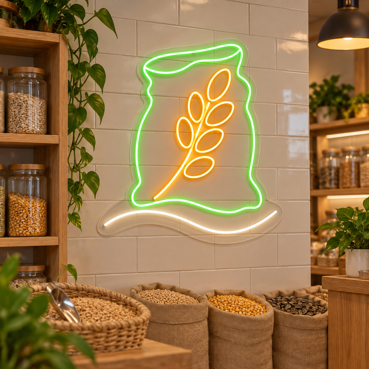 Grain Sack LED Neon Sign for Farm Supply Shops - interior setting