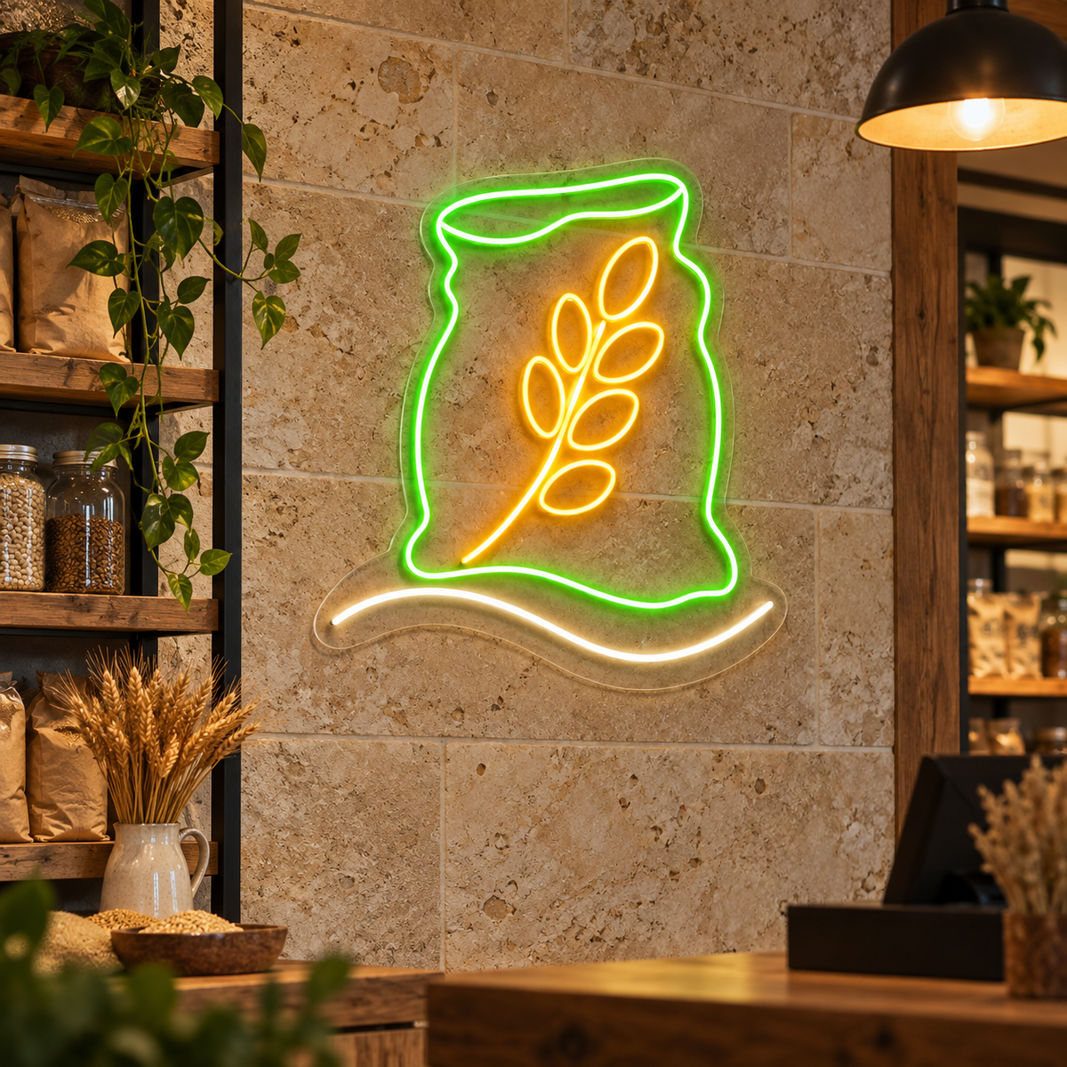 Grain Sack LED Neon Sign for Farm Supply Shops - interior setting