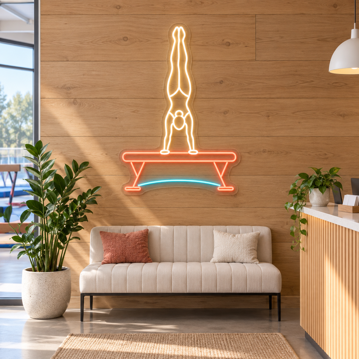 Gymnast Handstand on Balance Beam LED Neon Sign for Gymnastics Schools - interior setting