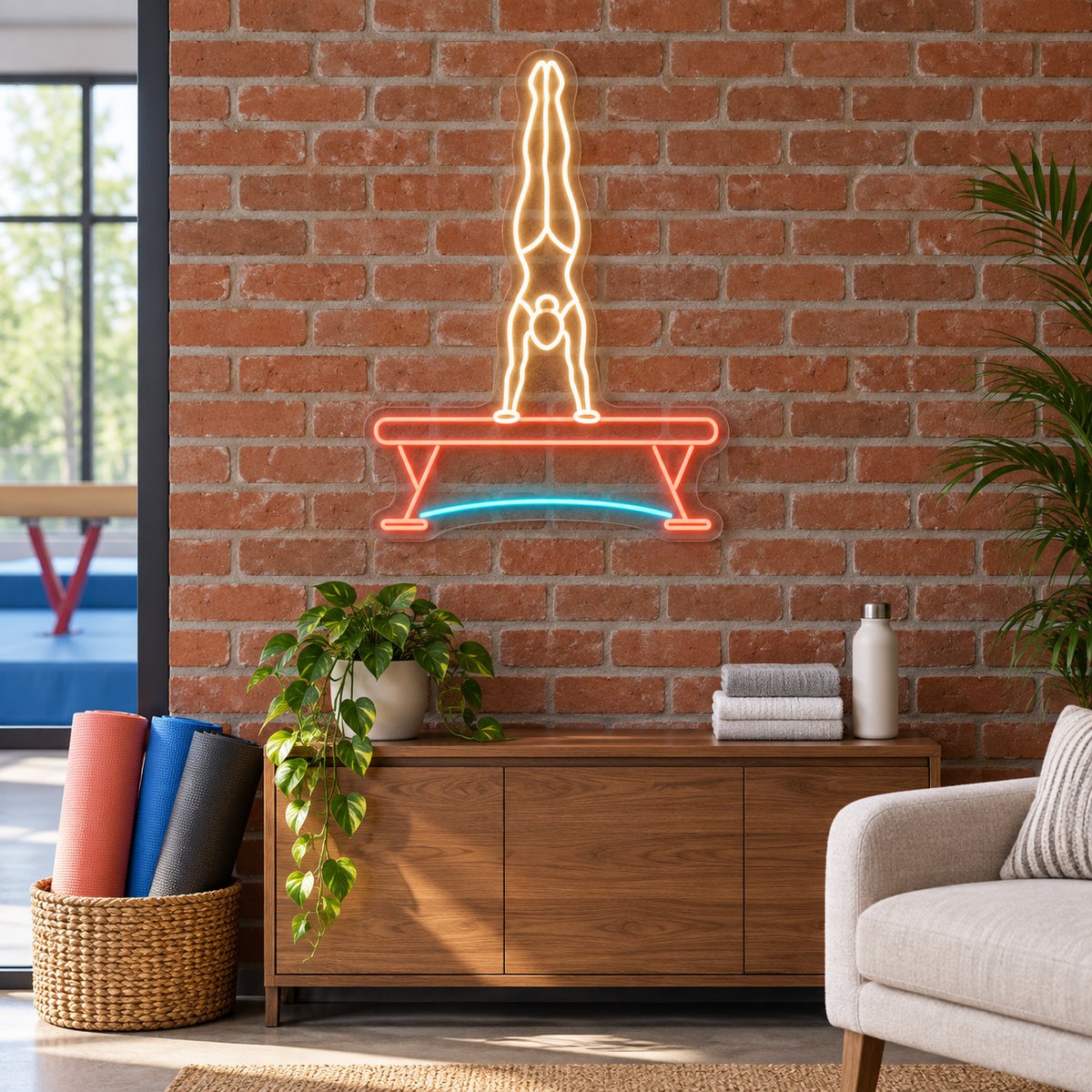Gymnast Handstand on Balance Beam LED Neon Sign for Gymnastics Schools - interior setting