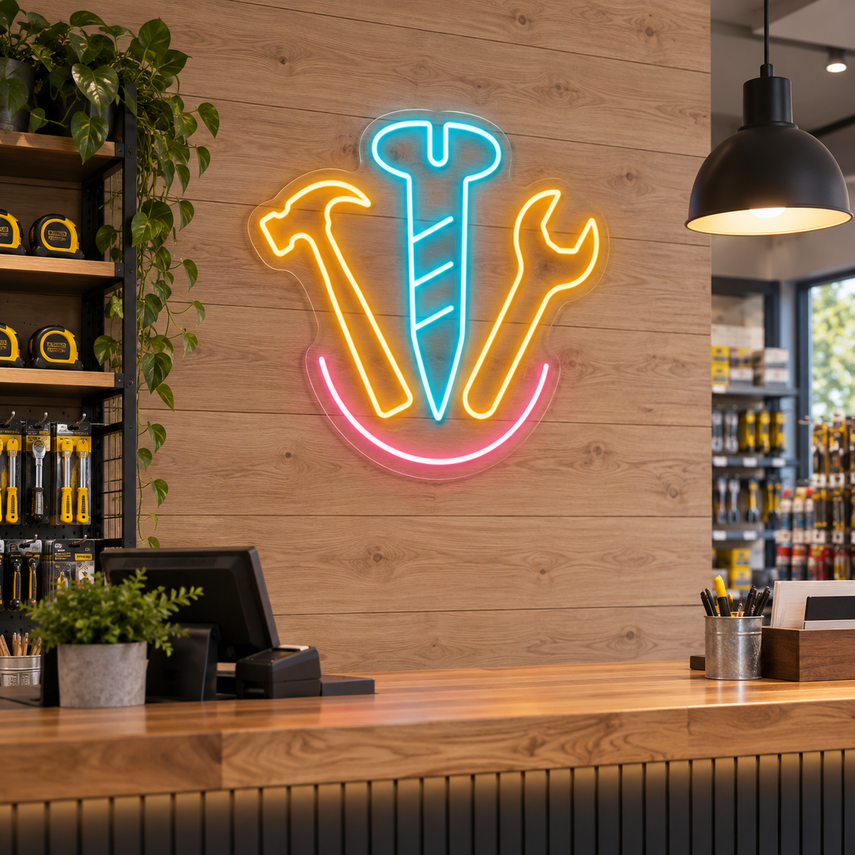 Hammer Screw and Wrench LED Neon Sign for Tool Shops - interior setting