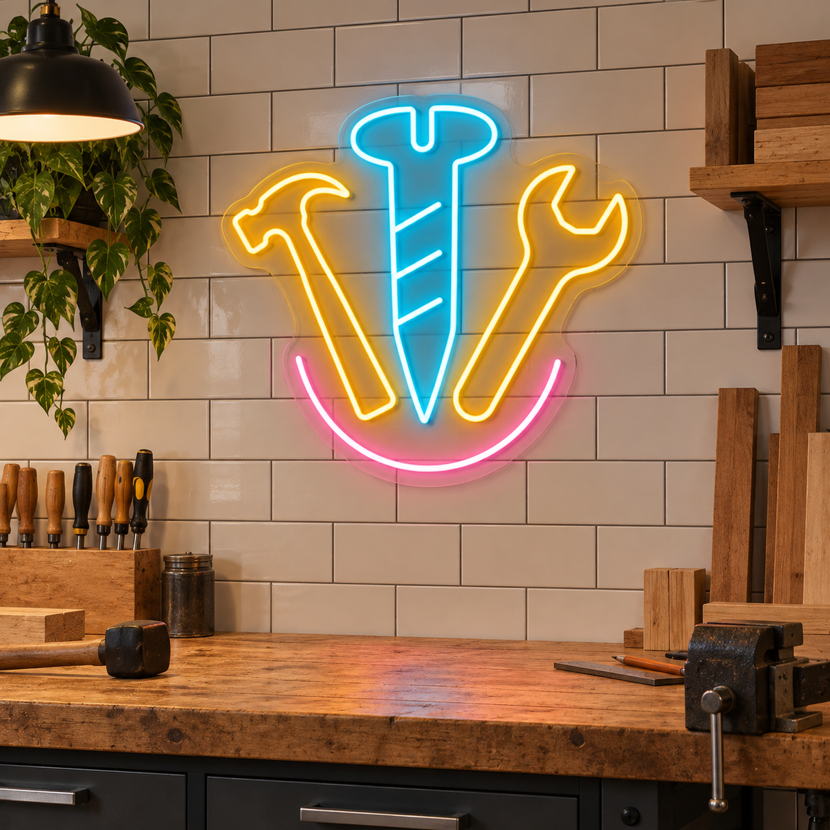 Hammer Screw and Wrench LED Neon Sign for Tool Shops - interior setting