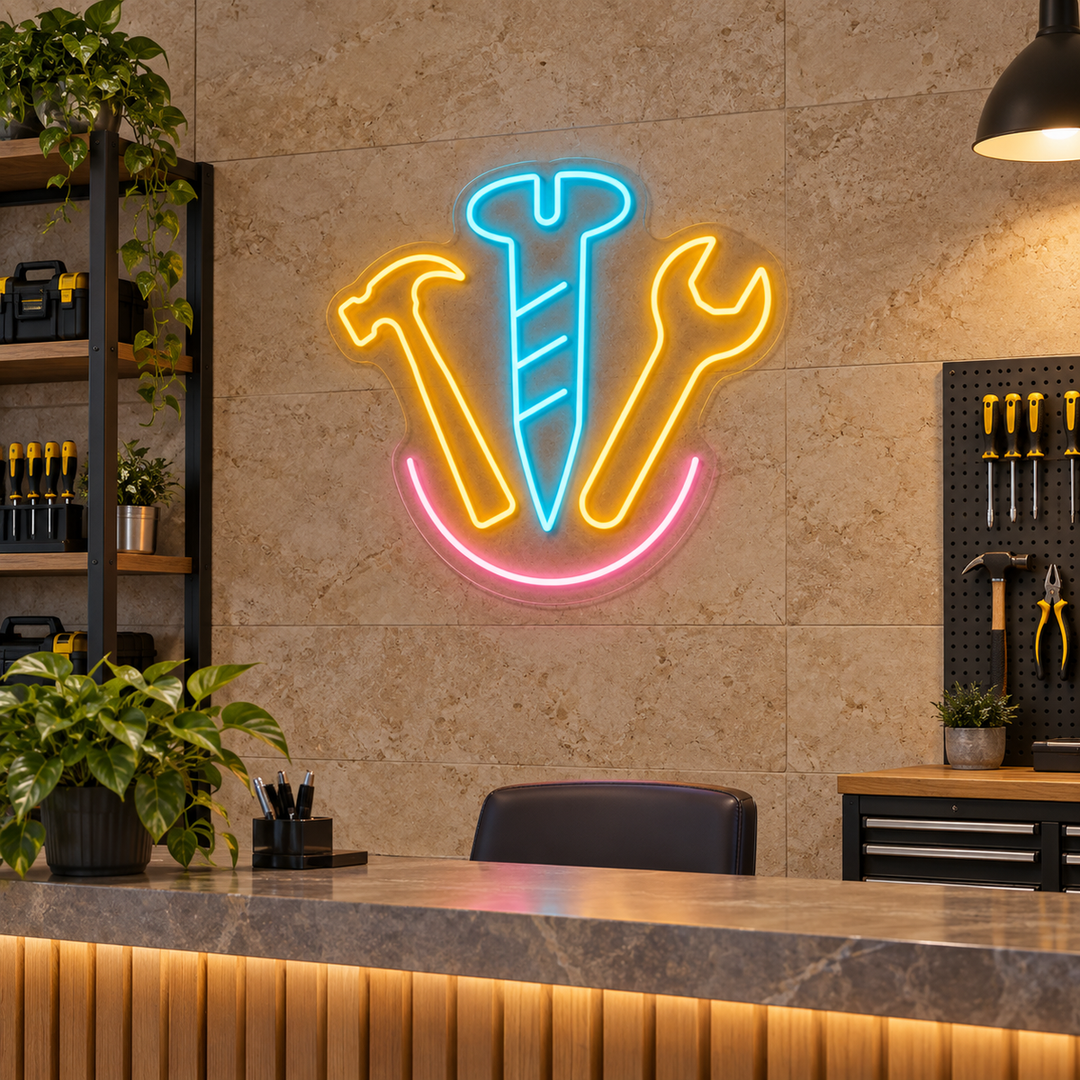 Hammer Screw and Wrench LED Neon Sign for Tool Shops - interior setting