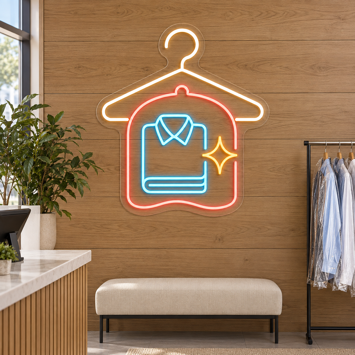 Hanger & Garment Bag LED Neon Sign for Dry Cleaners - interior setting